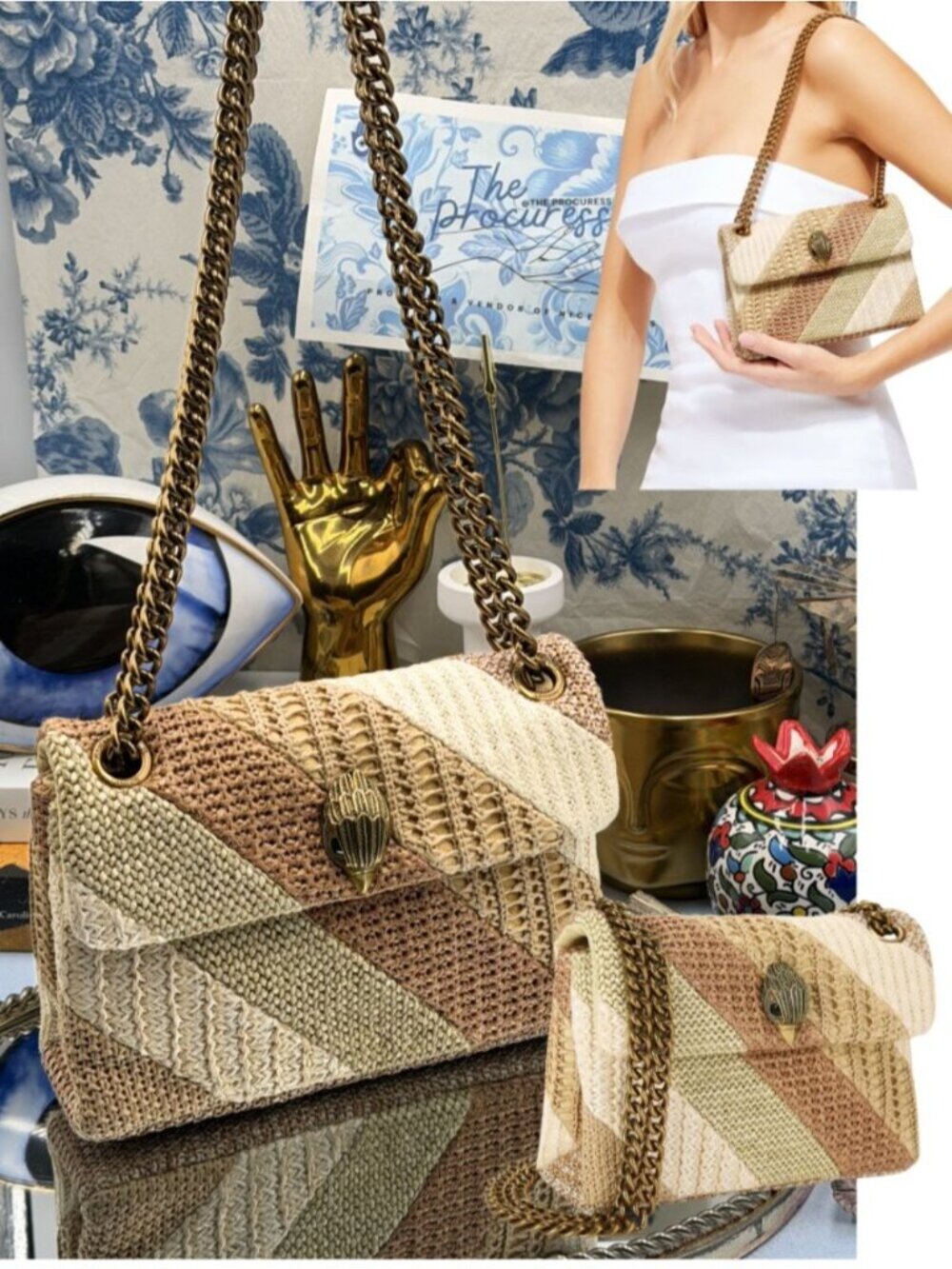 🆕 KURT GEIGER LONDON 🧿 NWOT Mini Straw Kensington Bag, Tan Combination Weave